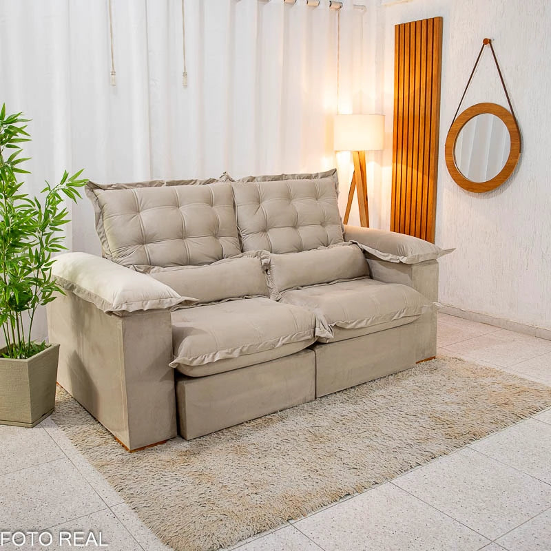 Sofá Retrátil Reclinável Maldivas 2.10m Veludo Bege A32 - Espuma Pró Aditivada