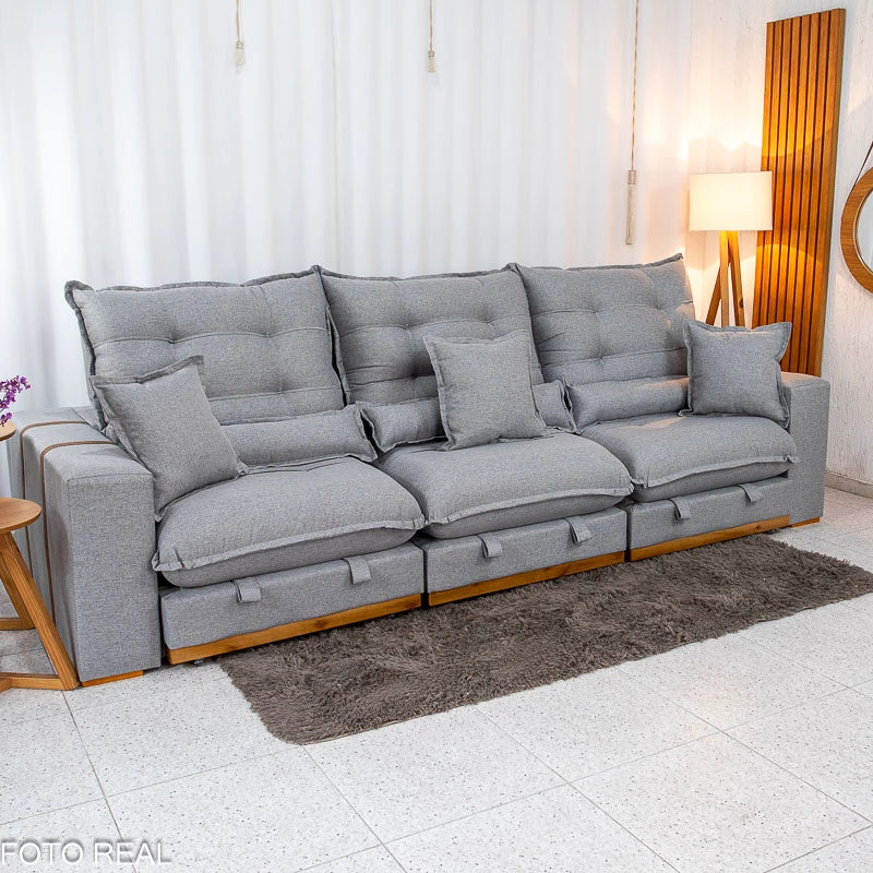 Sofá Retrátil Reclinável Mônaco 3.20m Linho Cinza A59 - Molas Ensacadas