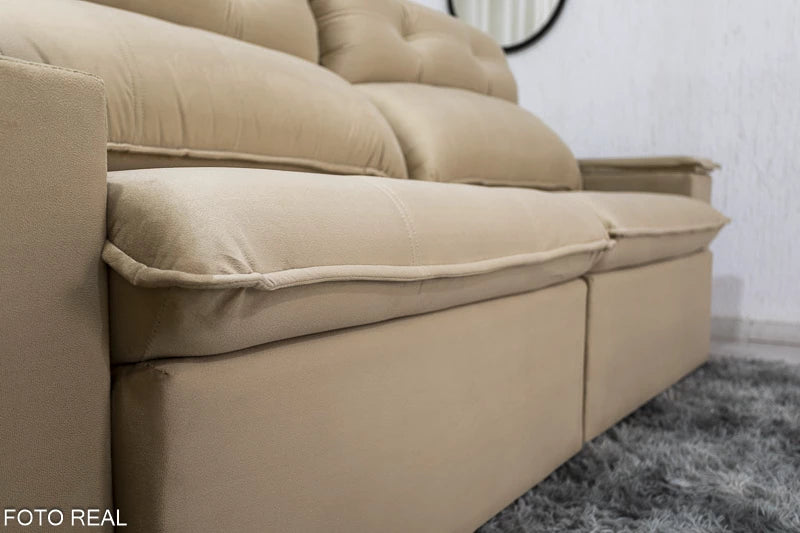 Sofá Retrátil Reclinável 2.50m Austrália Veludo Bege E-18 - Espuma D33 - Móveis furniture