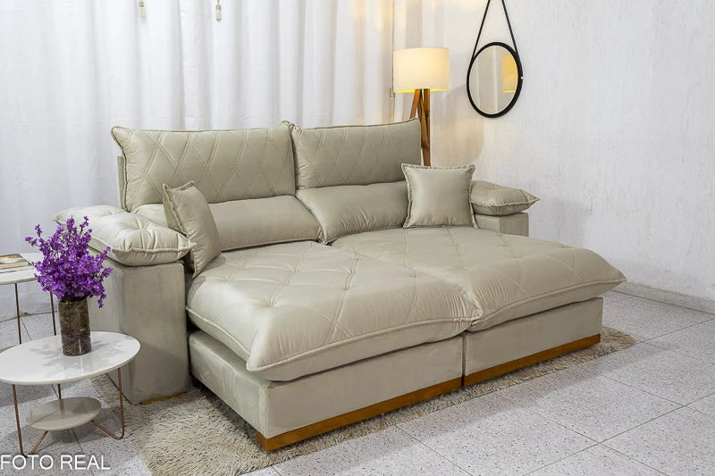 Sofá Retrátil Reclinável 2.30m Magnum Veludo Bege - Molas Ensacadas