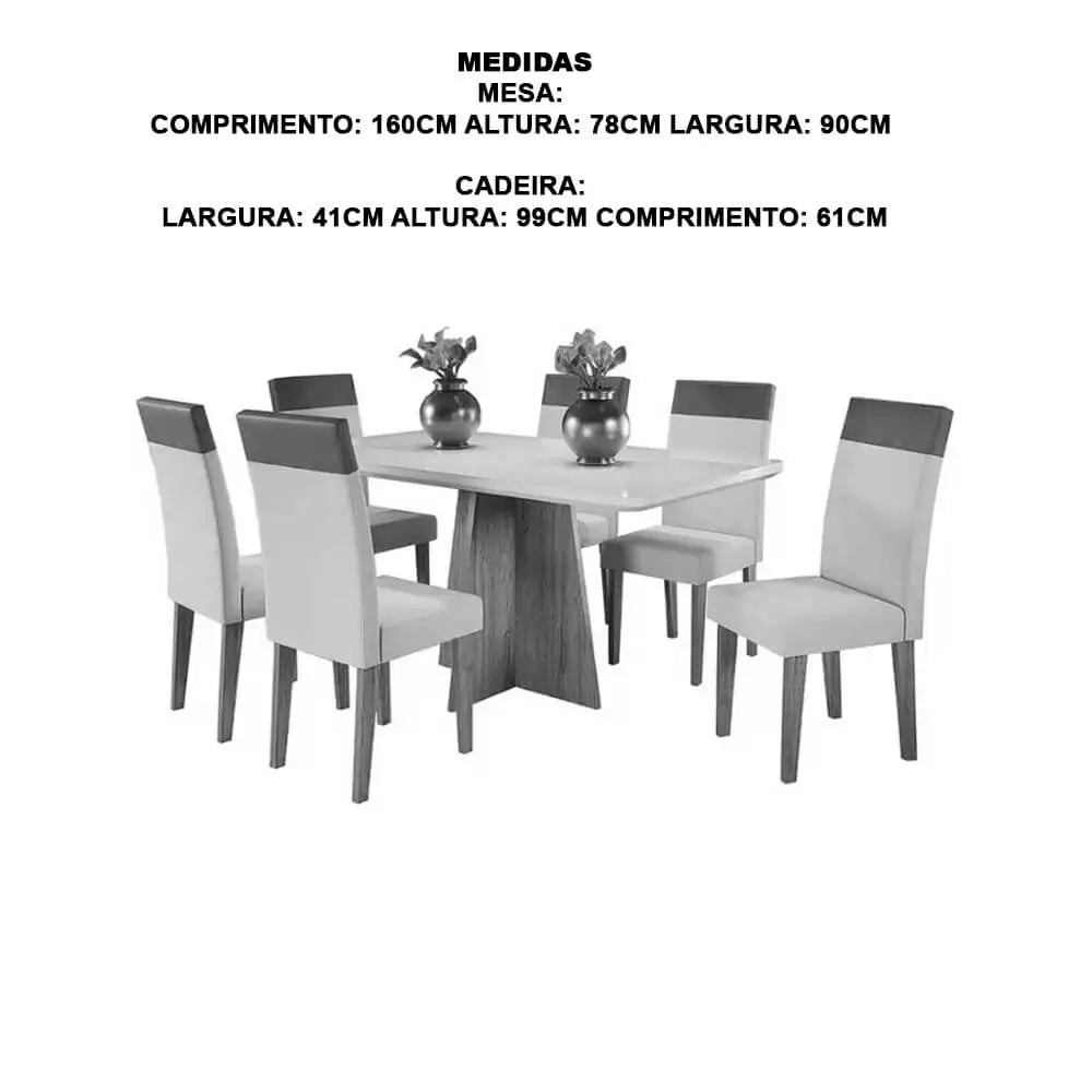 Mesa de Jantar Viena 160x90cm com 6 Cadeiras Turim Tecido Linho Viero