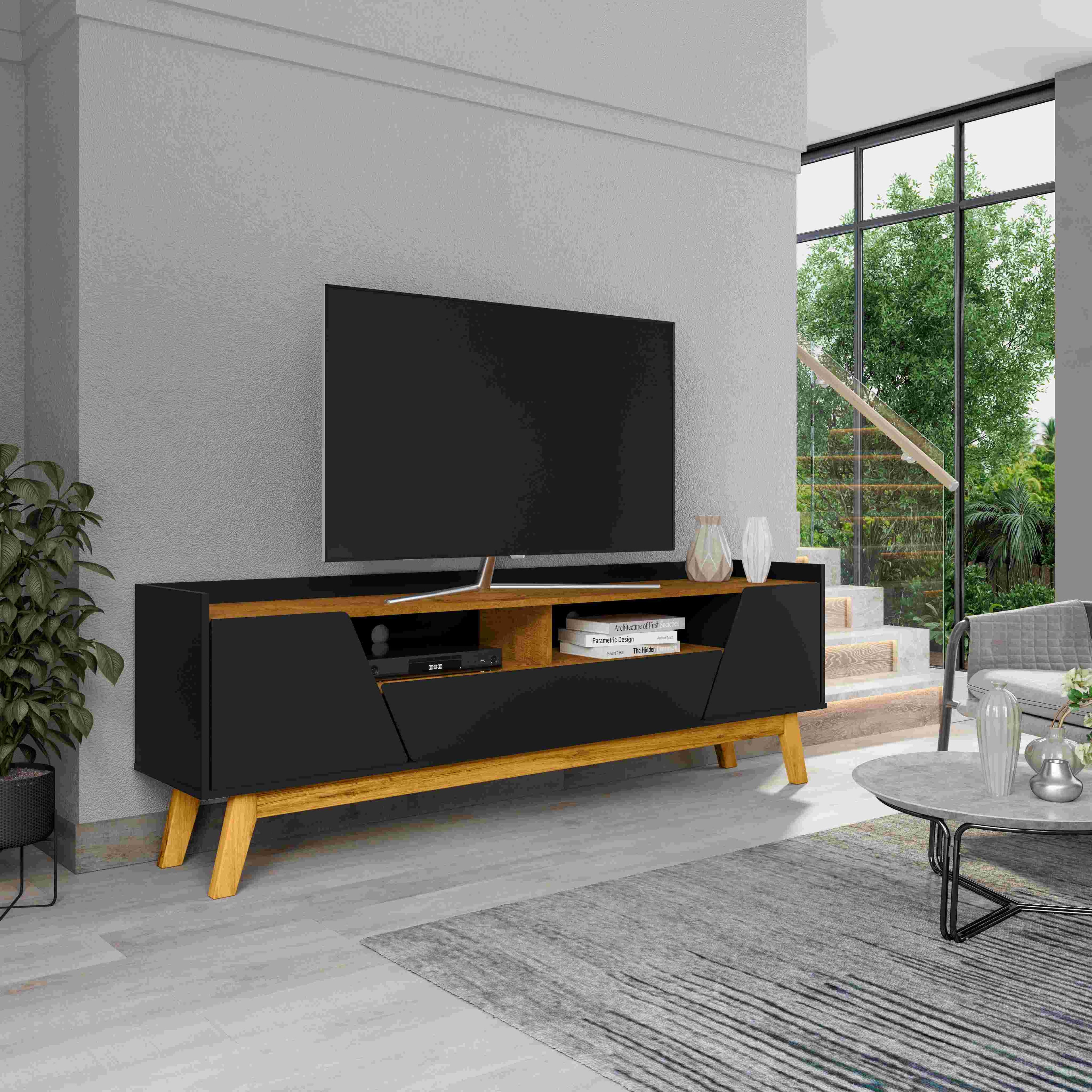 Rack Florenca 180 1P2G Preto Fosco.Naturale Bechara Moveis