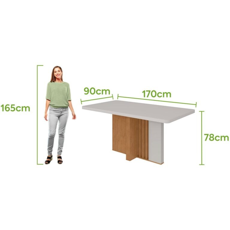 Mesa Astrid (Tampo Maxi) 170 Amêndoa Clean/Off White com 6 Cadeiras Yasmim Veludo Bege – LOPAS + KM DECOR