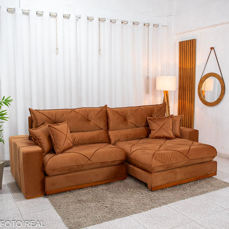 Sofá Retrátil Reclinável Gran Bello 2.90m Veludo Terracota 24 - Molas Ensacadas