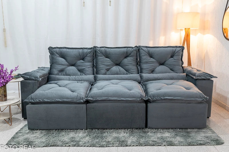 Sofá Retrátil Reclinável 2.70m Texas Veludo Cinza - Móveis furniture