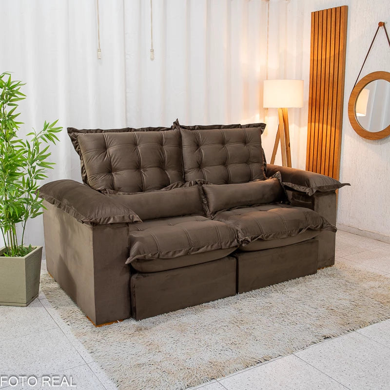 Sofá Retrátil Reclinável Maldivas 2.10m Veludo Marrom A17 - Espuma Pró Aditivada