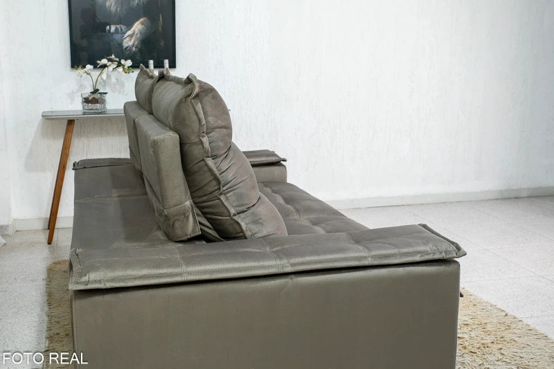 Sofá Retrátil Reclinável Atenas 2.10m Veludo Cinza 813 D33 e Molas Ensacadas - Móveis furniture