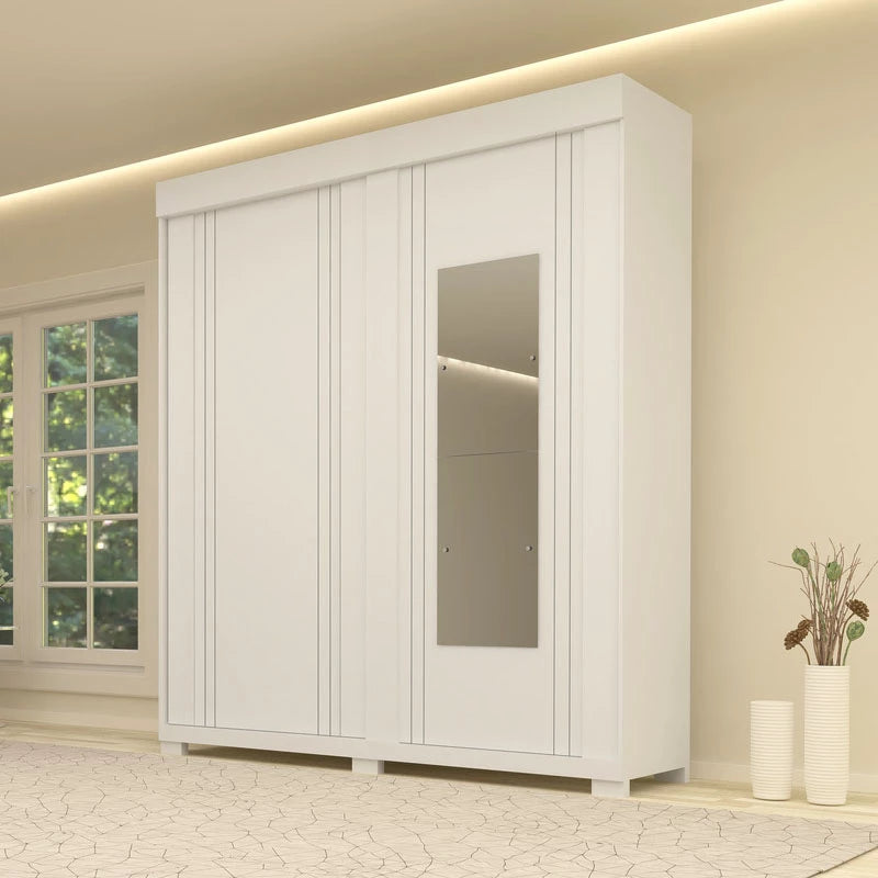 Roupeiro Heloisa c/Espelho 2 Portas 3 Gavetas 100% MDF Larg. 1.80m Branco ACP - Móveis furniture