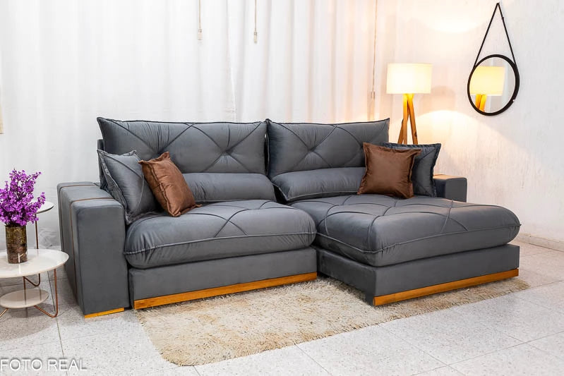 Sofá Retrátil Reclinável Gran Bello Veludo Cinza Larg. 2.90m - D33 e Molas Ensacadas
