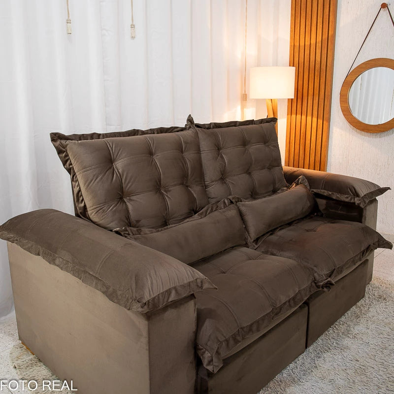 Sofá Retrátil Reclinável Maldivas 2.10m Veludo Marrom A17 - Espuma Pró Aditivada