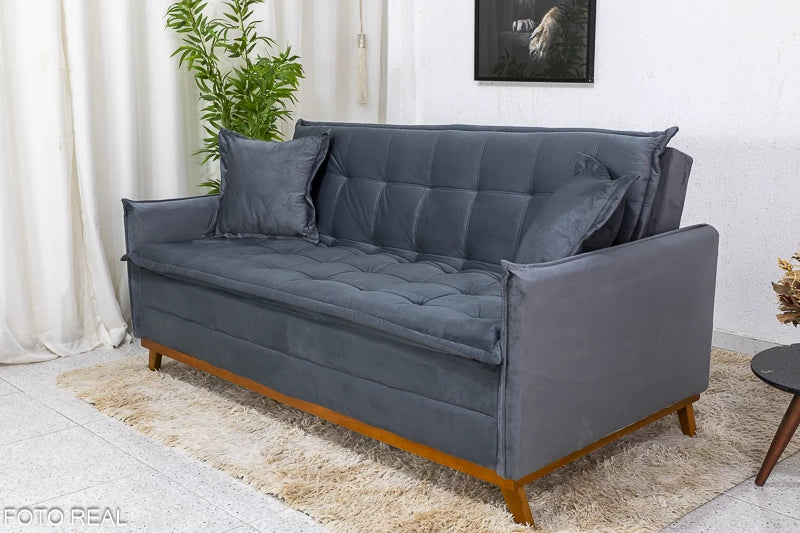 Sofá Cama Lotus larg. 1.93m Molas Bonnel Veludo Cinza - Móveis furniture