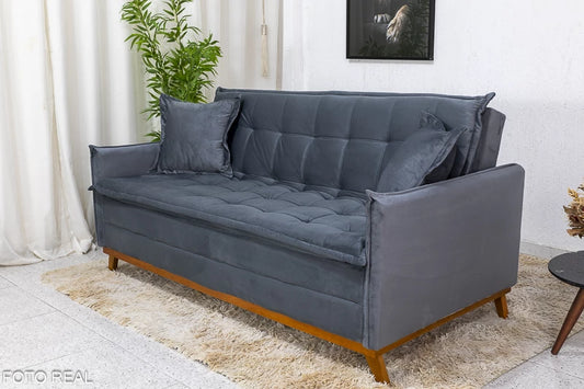 Sofá Cama Lotus larg. 1.93m Molas Bonnel Veludo Cinza - Móveis furniture