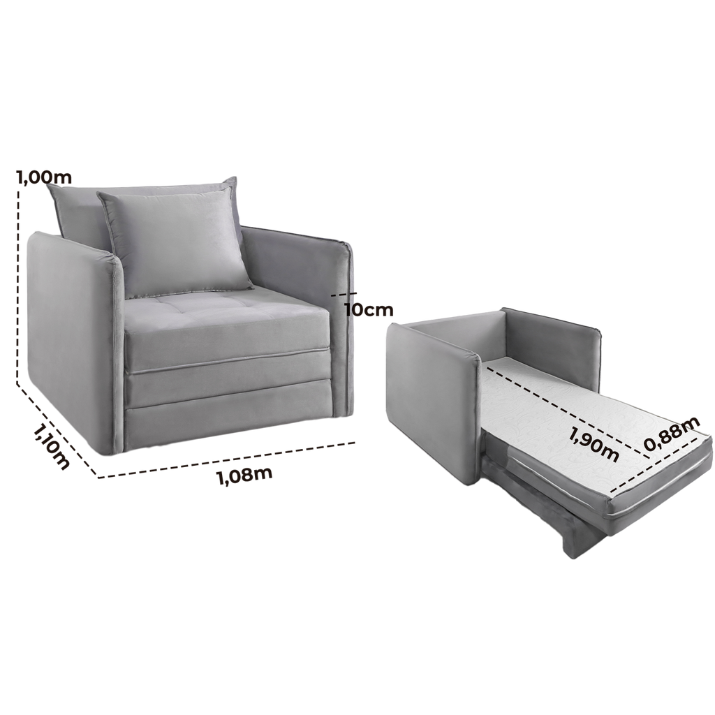 Sofá Cama Solteiro Noronha 1,08 m Linho Cinza 507 – JC ESTOFADOS
