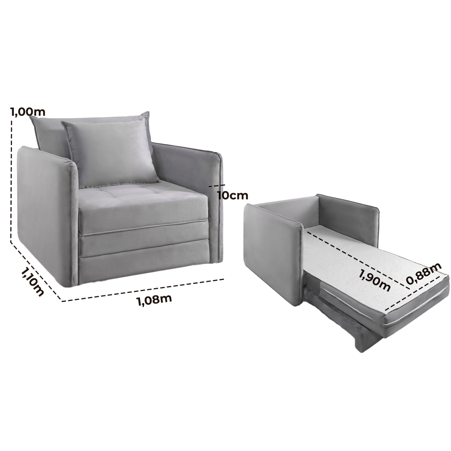 Sofá Cama Solteiro Noronha 1,08 m Linho Cinza 507 – JC ESTOFADOS