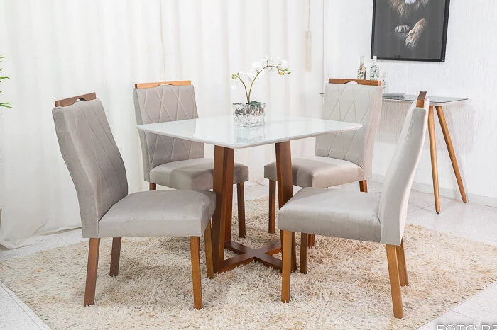 Mesa de Jantar Pedro Mel Tampo Vidro Off 90×90 4 Cadeiras Lisboa Veludo Bege - Móveis furniture