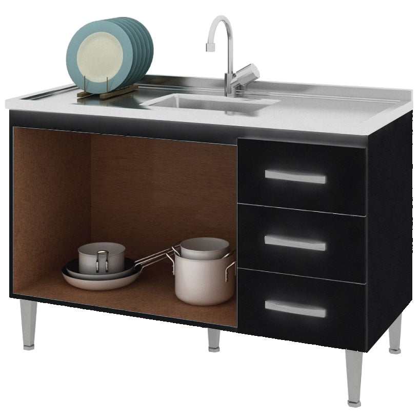 Armário Aéreo 3 portas Ipanema + Balcão(Sem Tampo)para Pia Copacabana Preto – FELLICCI - Móveis furniture