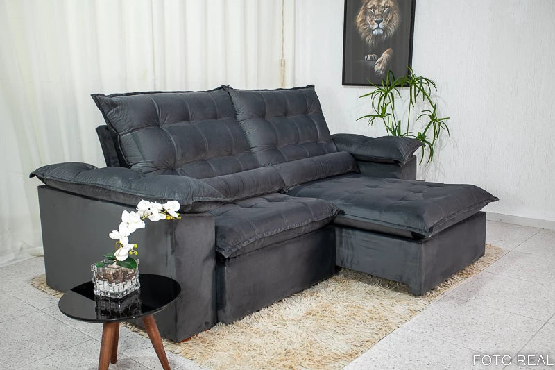 Sofá Retrátil Reclinável 2.90m Emanuelly Veludo Cinza - Móveis furniture