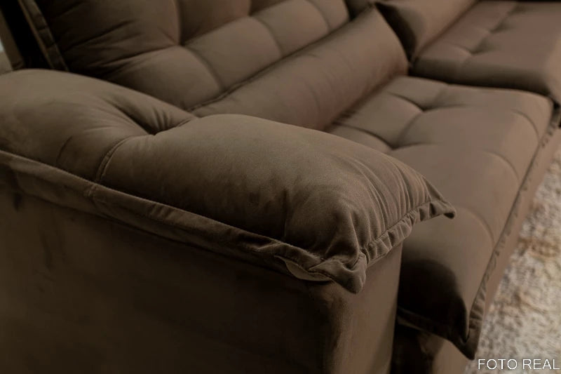 Sofá Retrátil Reclinável 2.90m Emanuelly Veludo Rose - Móveis furniture