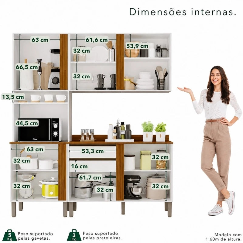 Torre Quente Cozinha Pérola + Balcão 1.20m + Aéreo 2 Portas 1.20m Branco/Cinamomo - Sallêto