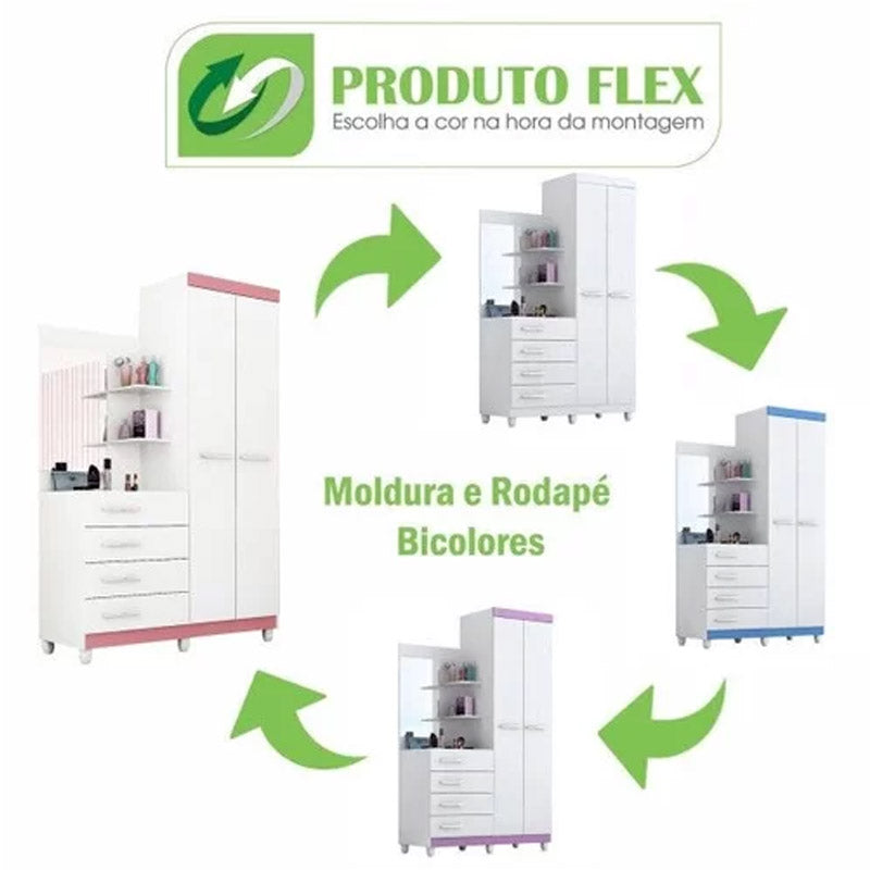 Roupeiro Melissa 2 portas Branco/Rosa/Azul/Lilás Com Espelho Flex ACP Móveis