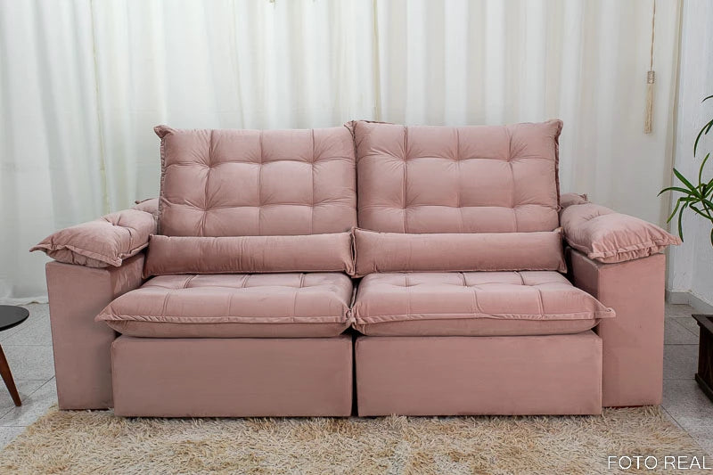 Sofá Retrátil Reclinável 2.90m Emanuelly Veludo Rose - Móveis furniture