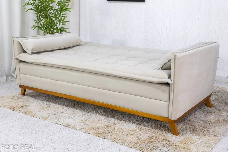 Sofá Cama Lotus larg. 1.93m Molas Bonnel Veludo Bege - Móveis furniture
