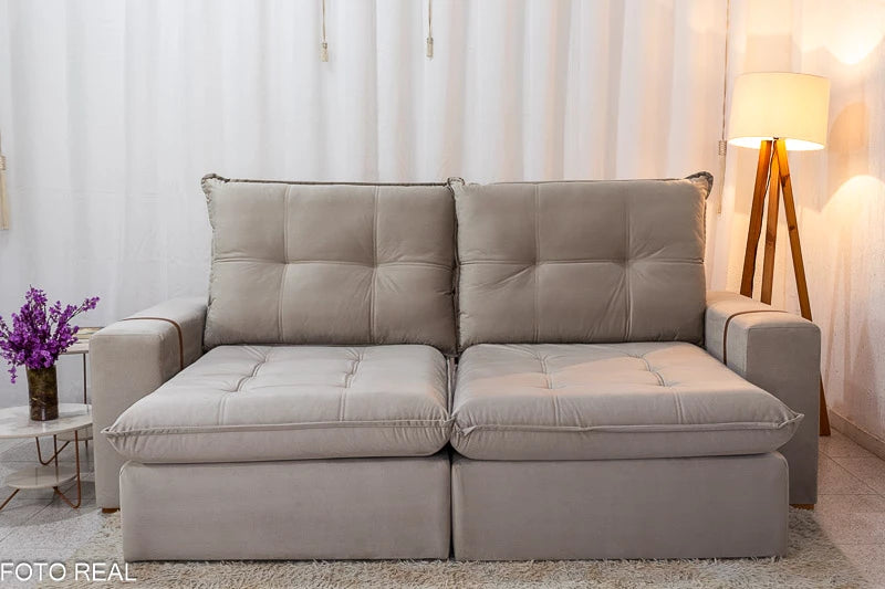 Sofá Retrátil Reclinável 2.50m Santiago Veludo Bege 525 - Molas Ensacadas