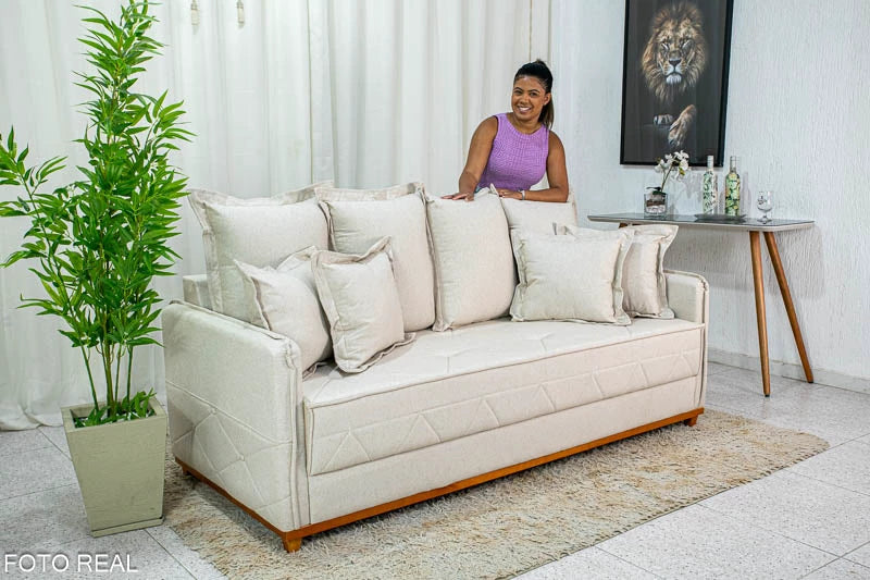 Sofá 3 lugares Vican Linho e veludo Bege  Larg. 2.00m - Molas Bonnel