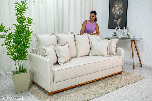 Sofá 3 lugares Vican Linho e veludo Bege  Larg. 2.00m - Molas Bonnel