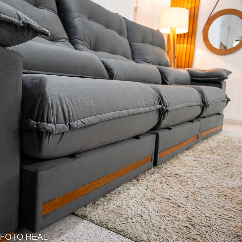 Sofá Retrátil Reclinável Istambul 3.20m Veludo Cinza 403 - Espuma D33