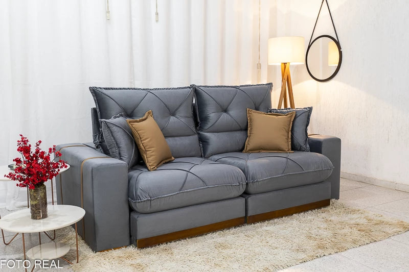 Sofá Retrátil Reclinável Gran Bello 2.30m Veludo Cinza 20 - Molas Ensacadas Pocket