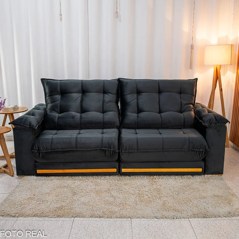 Sofá Retrátil Reclinável Barcelona 2.30m Veludo Preto - D33 e Molas Ensacadas