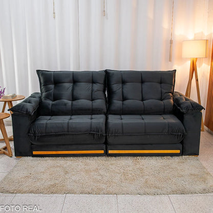 Sofá Retrátil Reclinável Barcelona 2.30m Veludo Preto - D33 e Molas Ensacadas