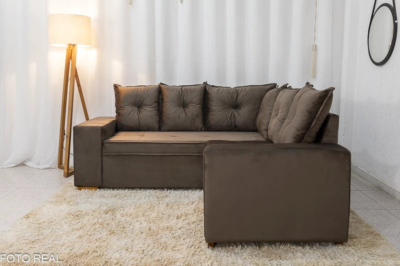 Sofá Canto 5 lugares Cuiabá Veludo Marrom - Móveis furniture