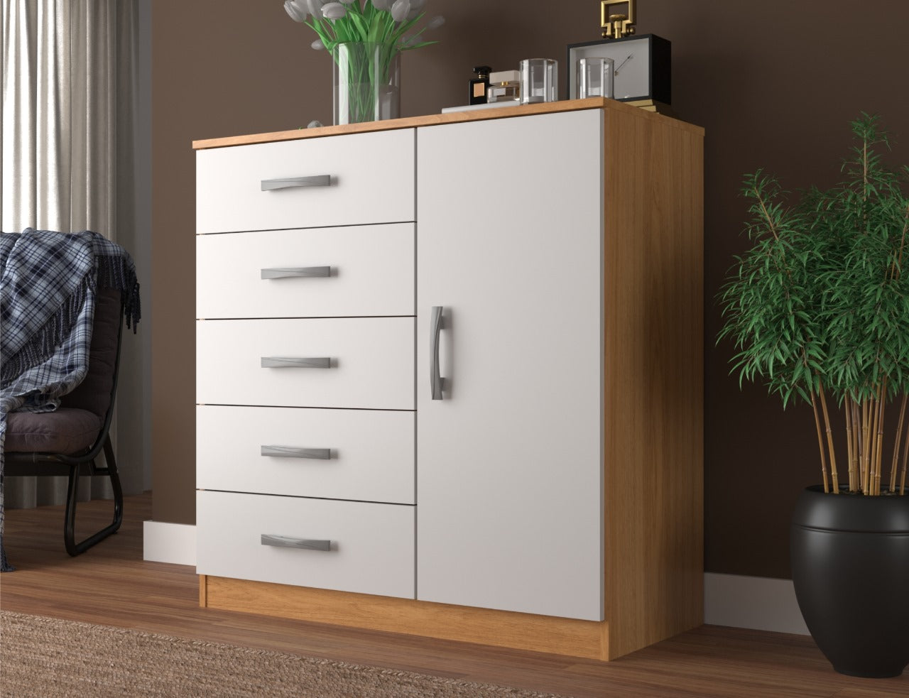 Cômoda Sapateira 5 gavetas Itaipu/zurique – Cinamomo/Off White - Móveis furniture