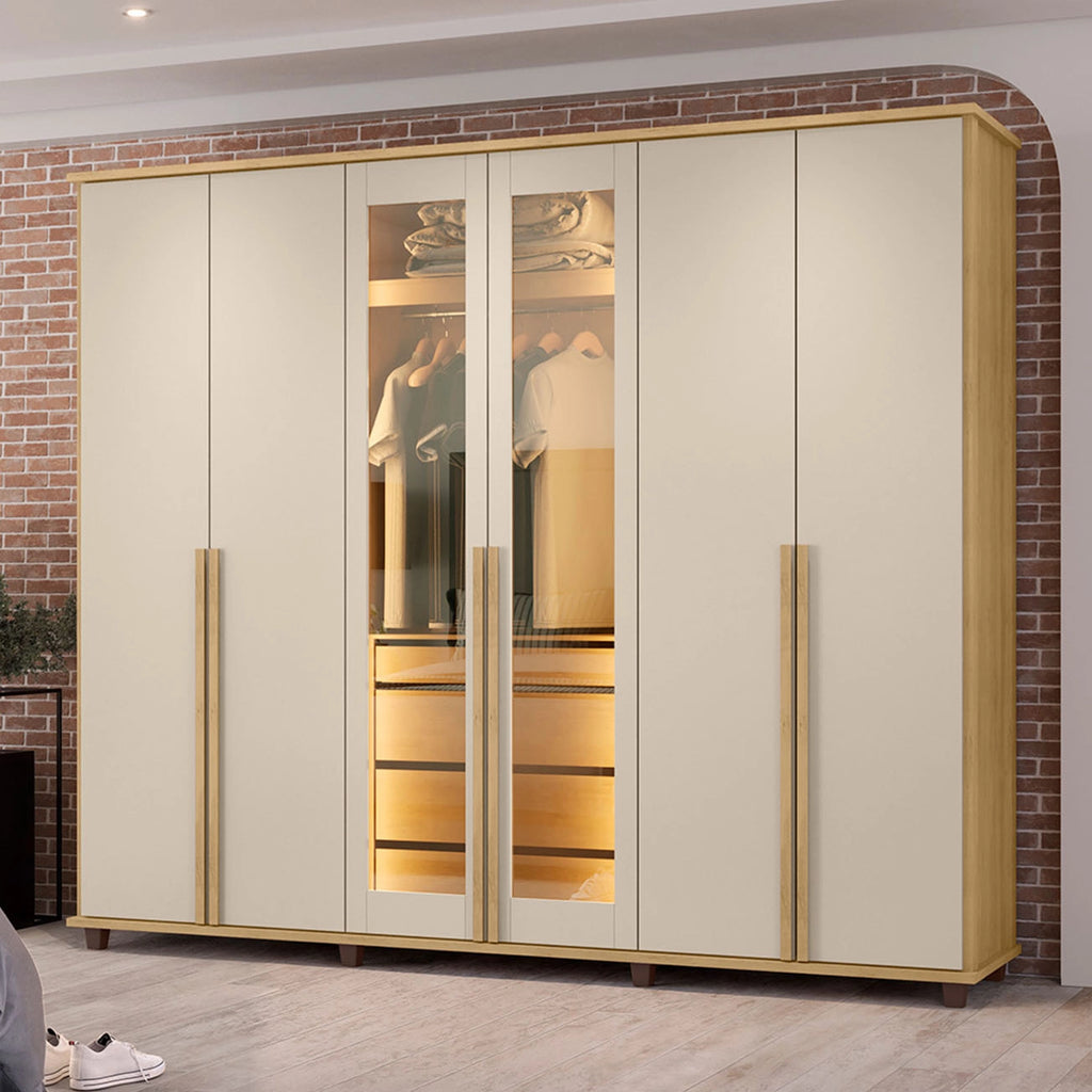Guarda Roupa Belgica Casal com Led 6 Portas 4 Gavetas Rv Móveis CINAMOMO OFF