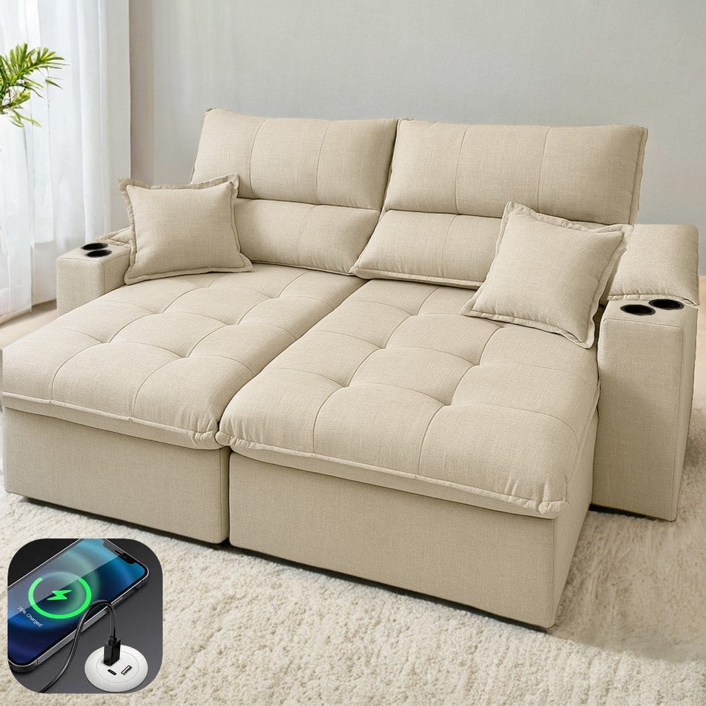 Sofá Retrátil e Reclinável Zeus/Afrodite 2,50 m Linho Bege – ZARAT ESTOFADOS
