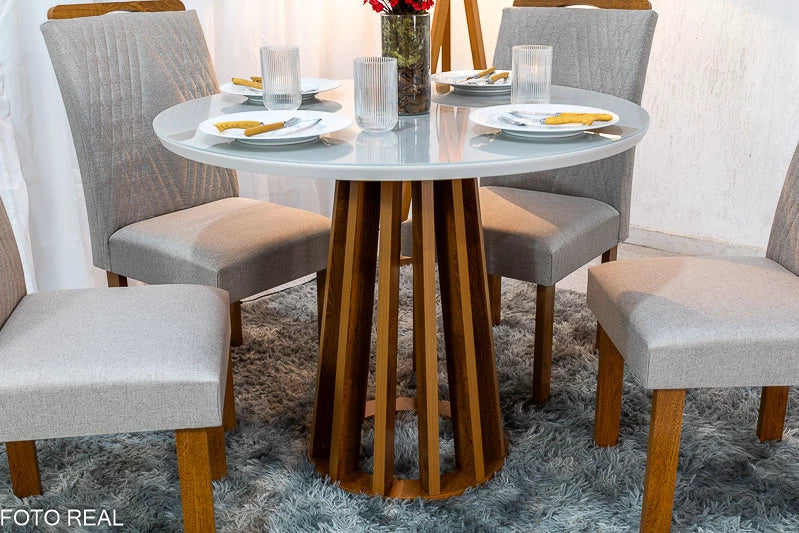 Mesa Jantar Berlim Tampo Vidro Off Redondo 100×100 4 Cadeiras Linho Bege 184 Cel Móveis - Móveis furniture