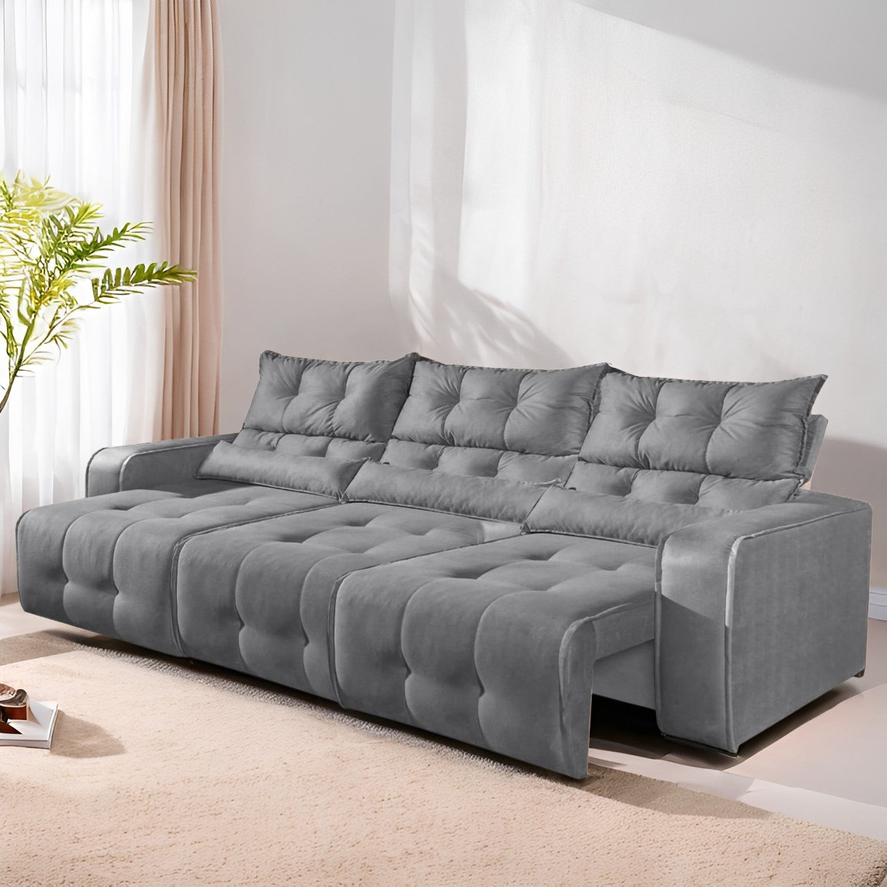 Sofá Retrátil e Reclinável Premier/Minas 2,50 m Veludo Cinza – DECORAR ESTOFADOS