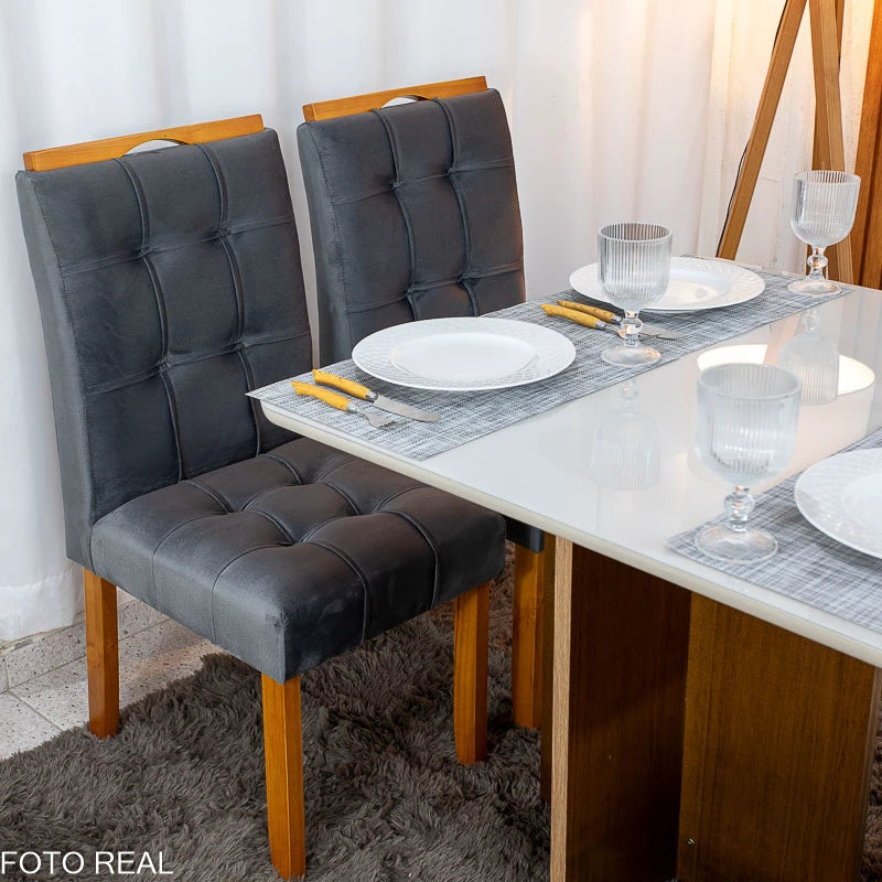 Mesa de Jantar Moscou 90x90 Cinamomo/Off Tampo Vidro Off 4 Cadeiras Londres Veludo Prata Madeira Maciça Minas Plac -