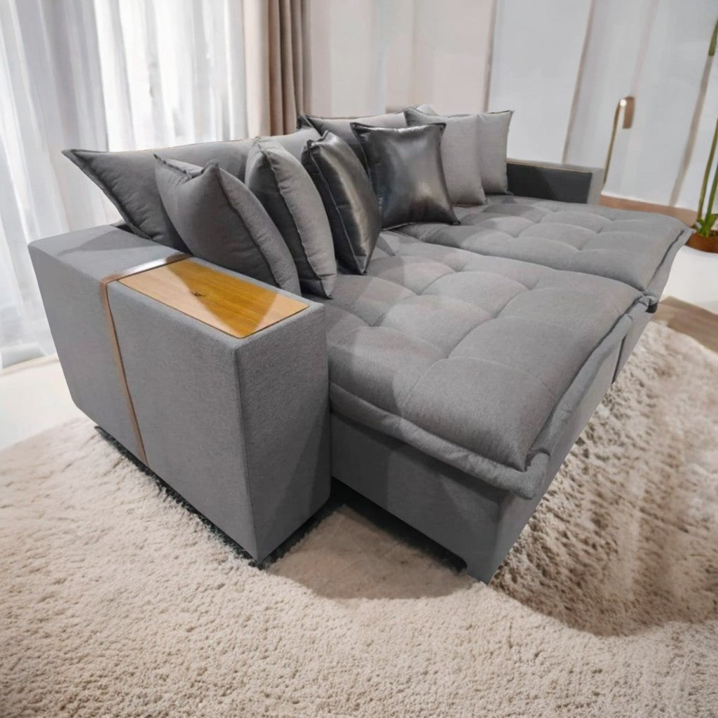 Sofá Cama Thebas/Gabriela 2,50 m Linho Grafite 301/Courino Dalas – ZARAT ESTOFADOS - Móveis furniture