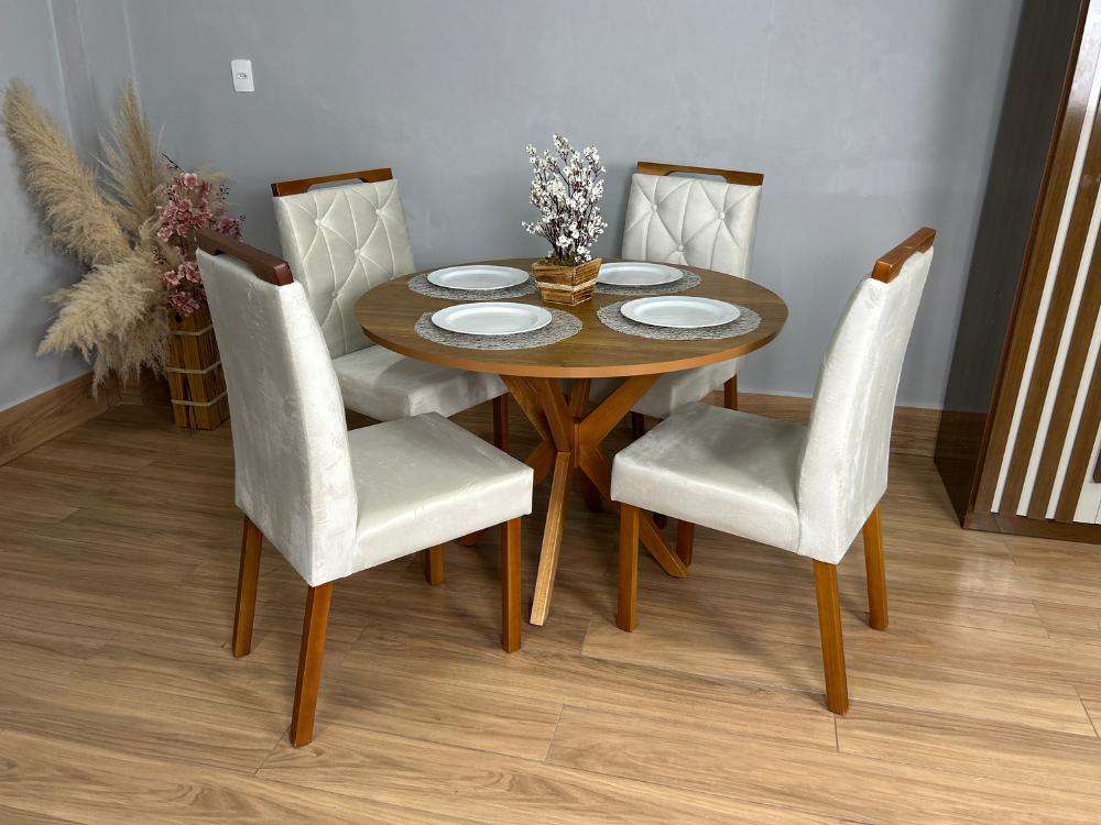 Mesa de Jantar Simpatia 1.08×1.08 Circular Com 4 cadeiras Jasmim – Cinamomo/Bege