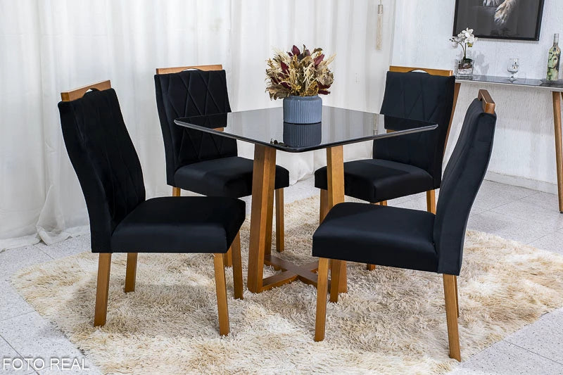 Mesa de Jantar Pedro Mel Tampo Vidro Preto 90×90 4 Cadeiras Lisboa Veludo Preto - Móveis furniture