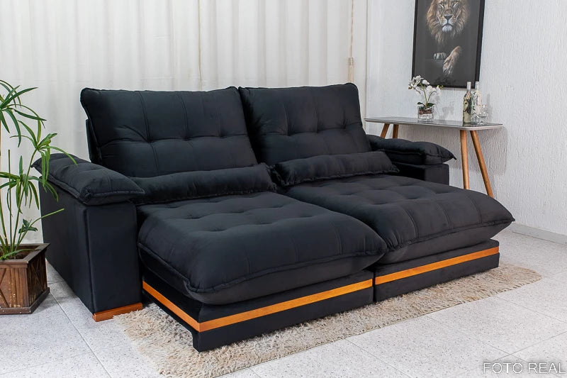 Sofá Retrátil Reclinável Ibis 2.30m Veludo Preto 820 - D33 e Molas Ensacadas - Móveis furniture
