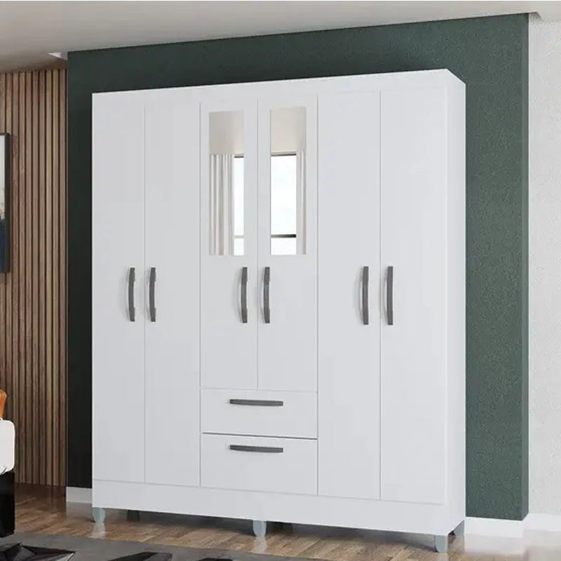 Roupeiro Multi 6 Portas 2 Gavetas c/Espelho e Pés Larg. 1.48m Branco Poquema - Móveis furniture