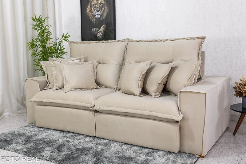 Sofá Retrátil Reclinável Ferrara 2.50m Veludo Bege 01 D33 e Molas Ensacadas - Móveis furniture