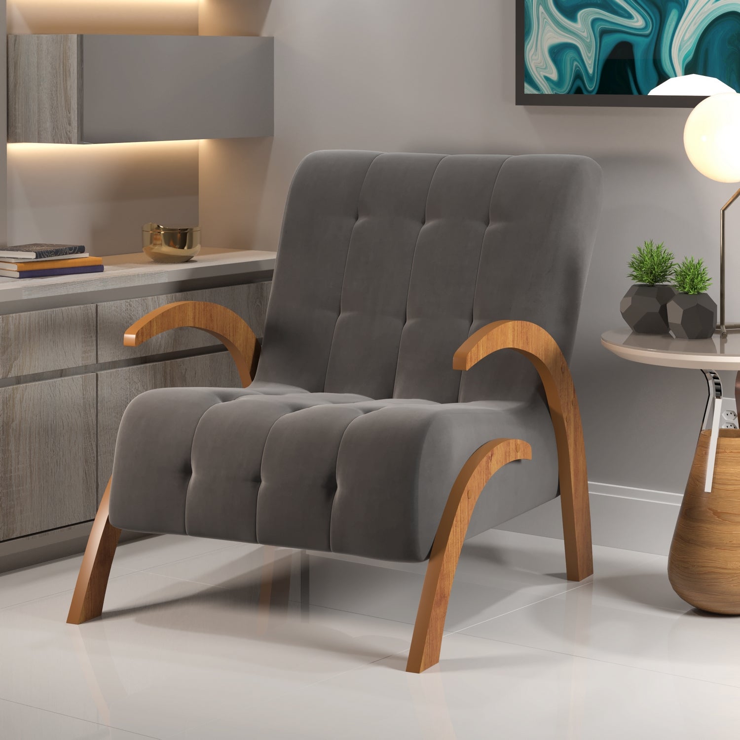 Poltrona Martha/Flower Mel/Veludo Cinza Grafite – VIERO MÓVEIS