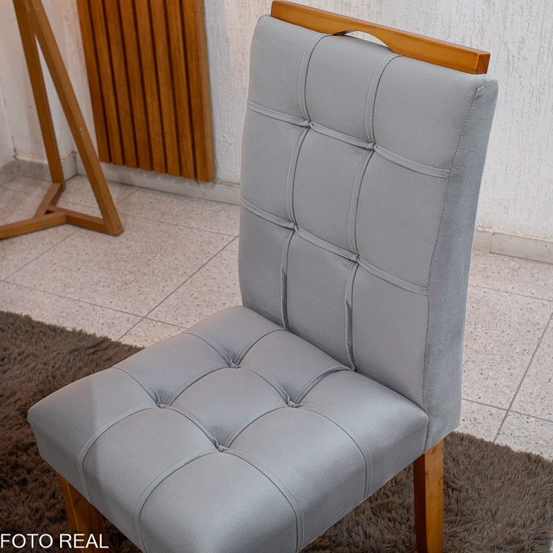 Mesa de Jantar Siena Redonda 100cm Vidro Off/Base Cinamomo + 4 Cad. Londres Veludo Prata Madeira Minas Plac - Entregue Montada