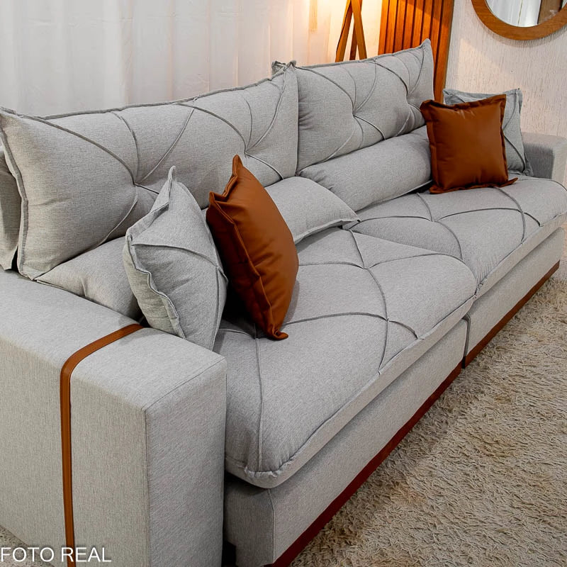 Sofá Retrátil Reclinável Gran Bello 2.90m Linho Cinza 31 - Molas Ensacadas