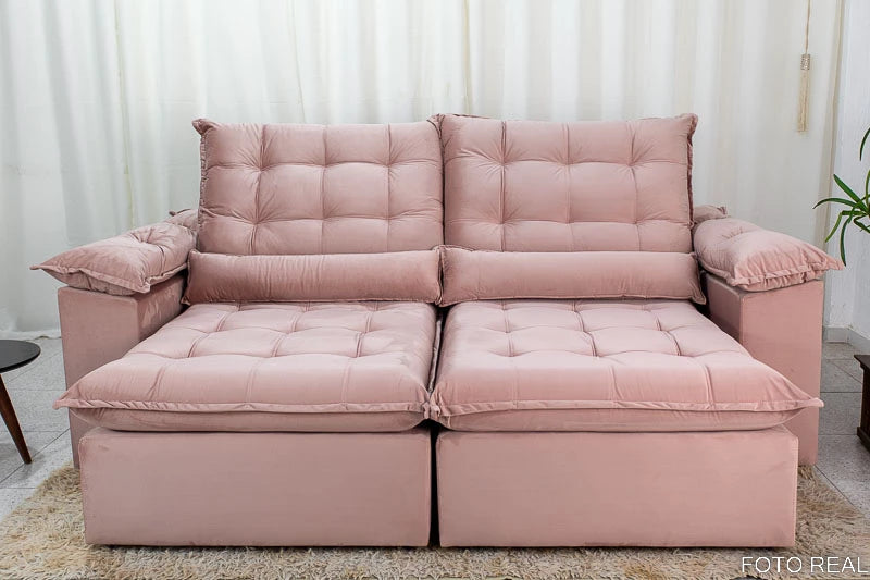 Sofá Retrátil Reclinável 2.00m Emanuelly Veludo Rose - Móveis furniture